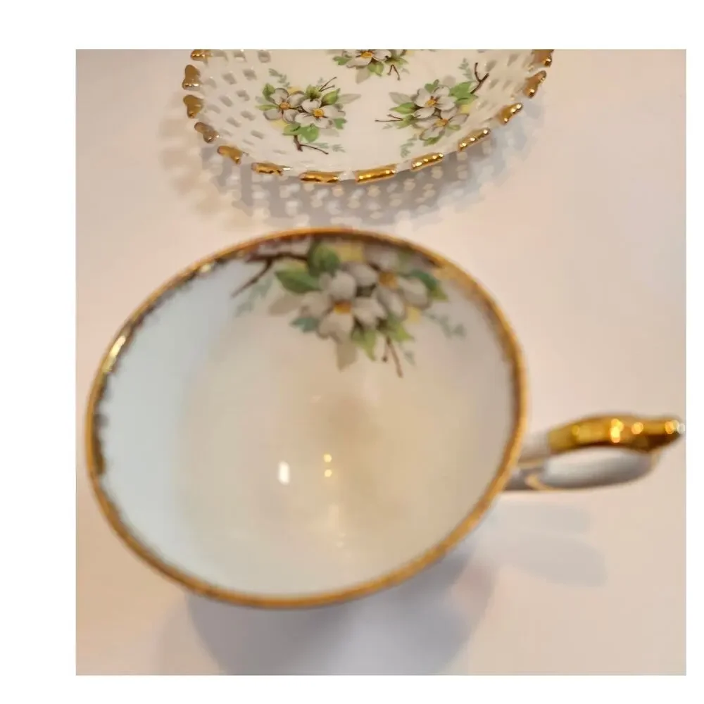 3 Legged China Teacup and Reticulated Saucer Dogwood Floral Gold tipped Japan